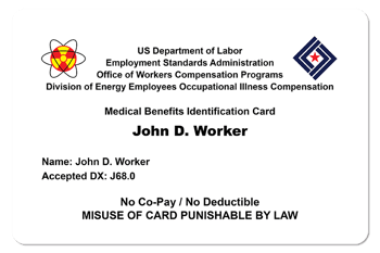 Sample DOL Medical Benefits Identification Card showing no co-pay and no deductible